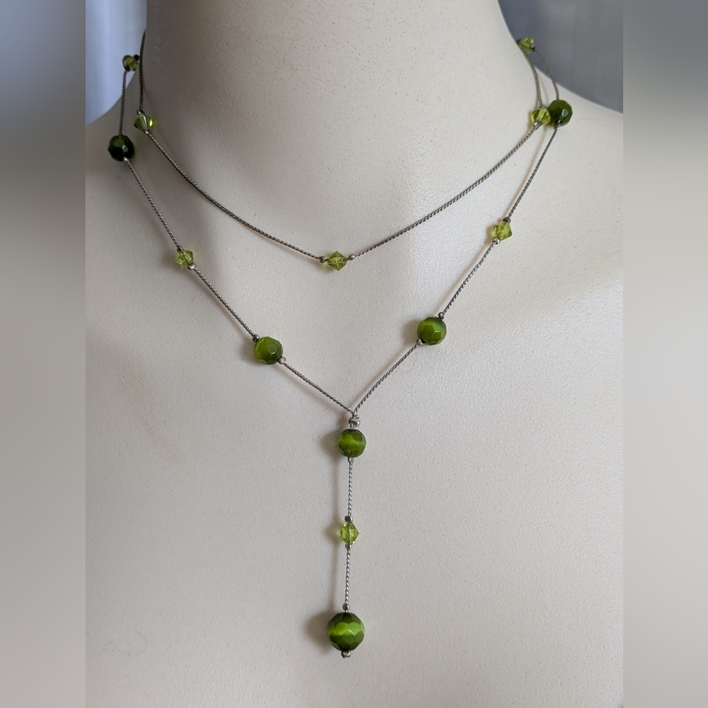Green Beaded Double Strand Y Necklace Silver Tone Chain Boho Bohemian Whimsygoth